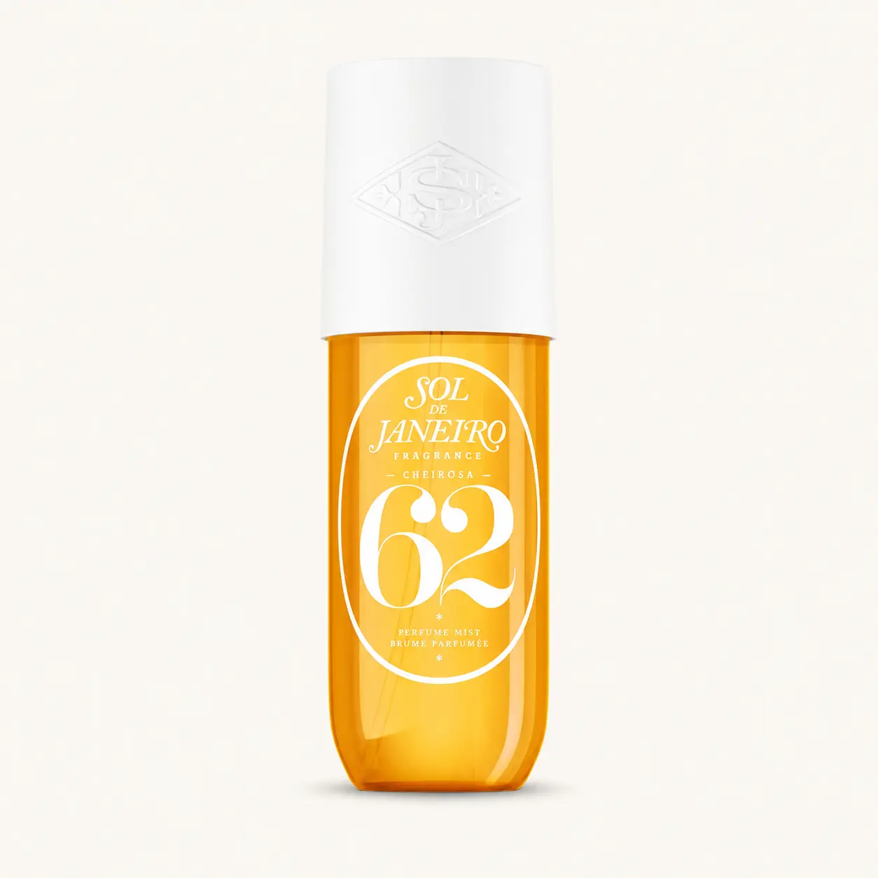 Sol de Janeiro Cheirosa 62 body mist con flacone arancione e tappo bianco su sfondo chiaro