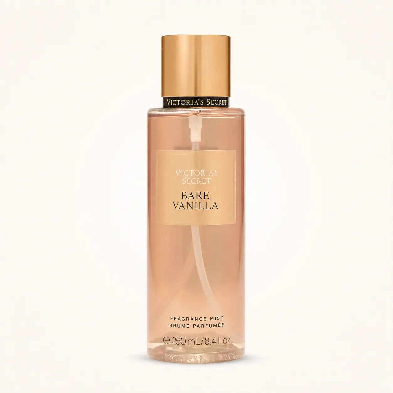 Victoria’s Secret Bare Vanilla body mist con flacone beige e tappo dorato su sfondo chiaro