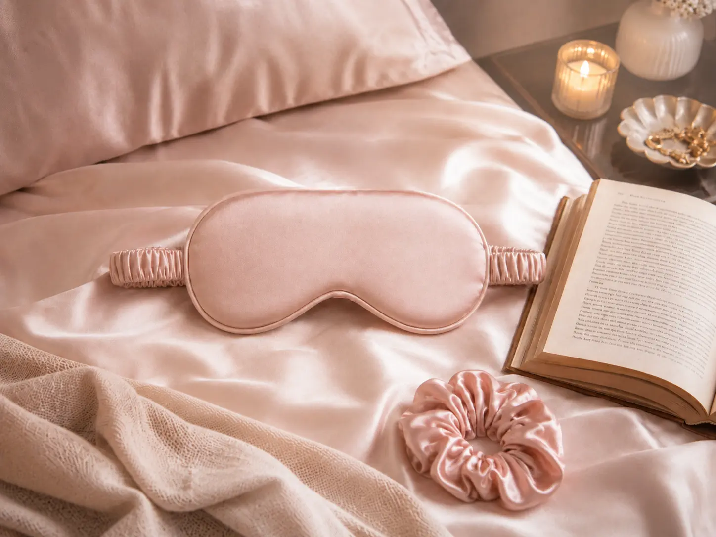 Mascherina in seta rosa su lenzuola satinate con libro e luce soffusa