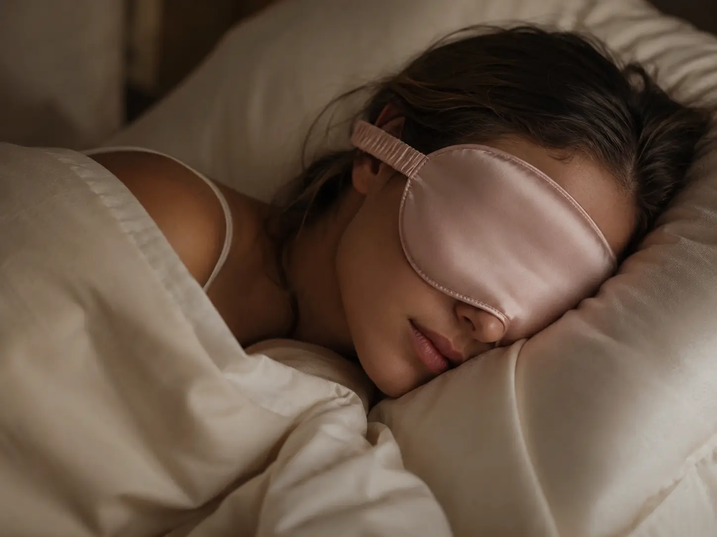 Persona con mascherina in seta rosa mentre riposa su lenzuola chiare