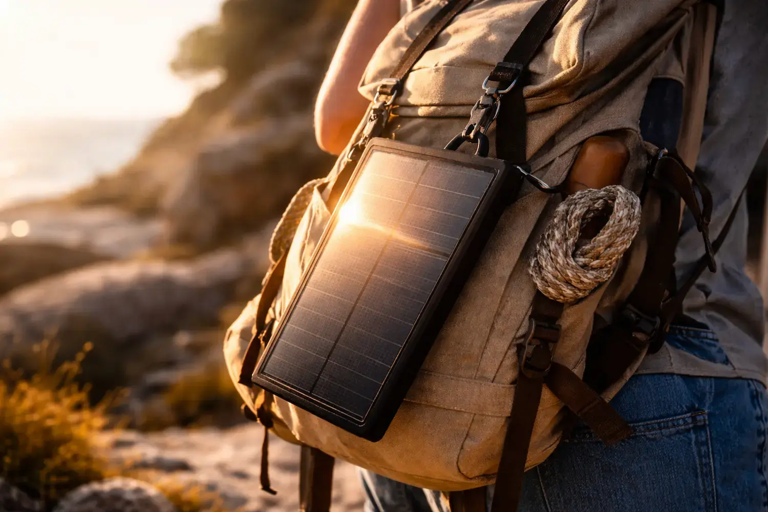Pannello solare portatile agganciato a uno zaino da trekking durante una giornata outdoor