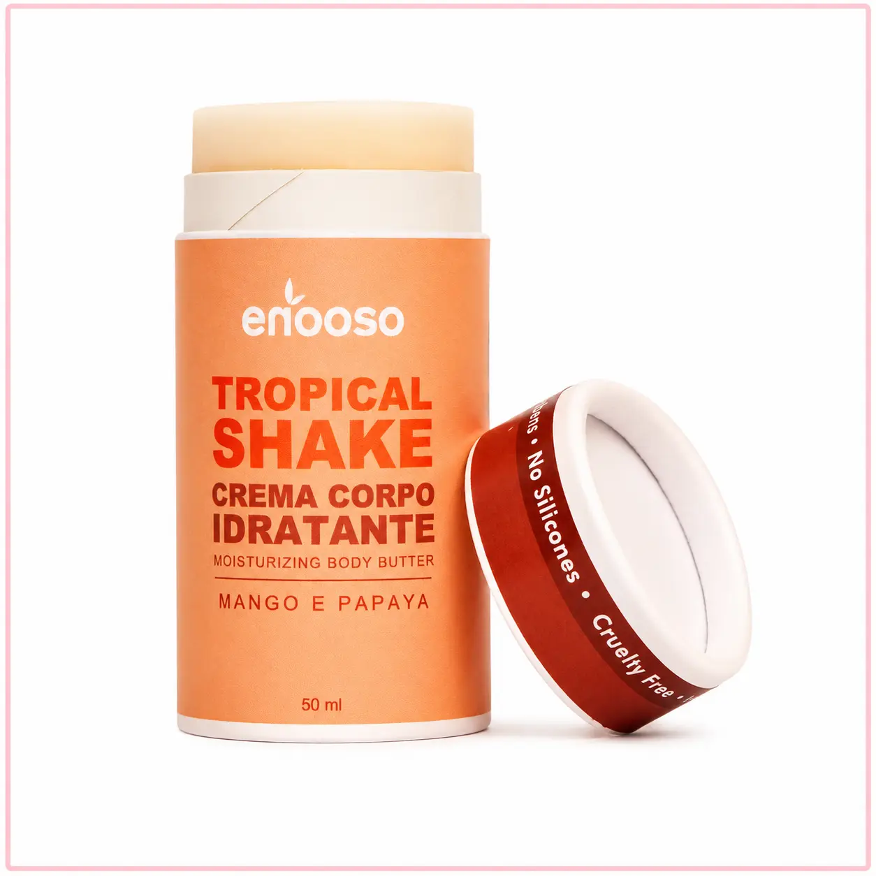 Enooso Tropical Shake crema corpo solida in stick al mango e papaya con tappo accanto