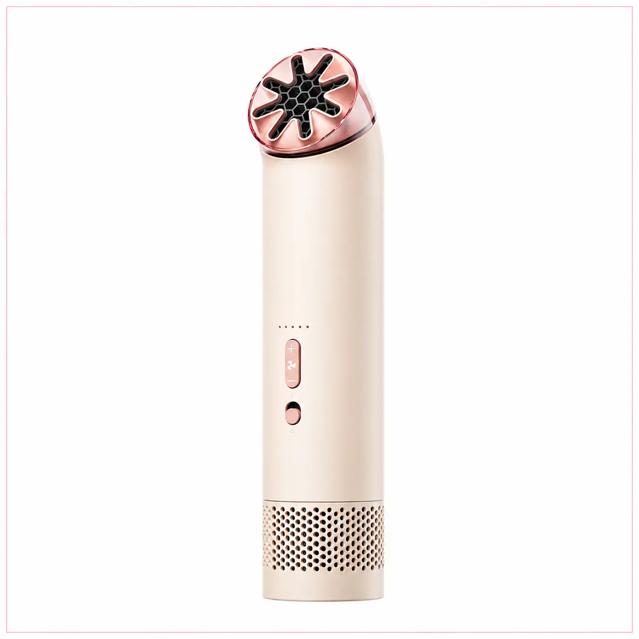 Dyson HushJet Mini Cool color crema e rosa, ventilatore portatile su sfondo bianco