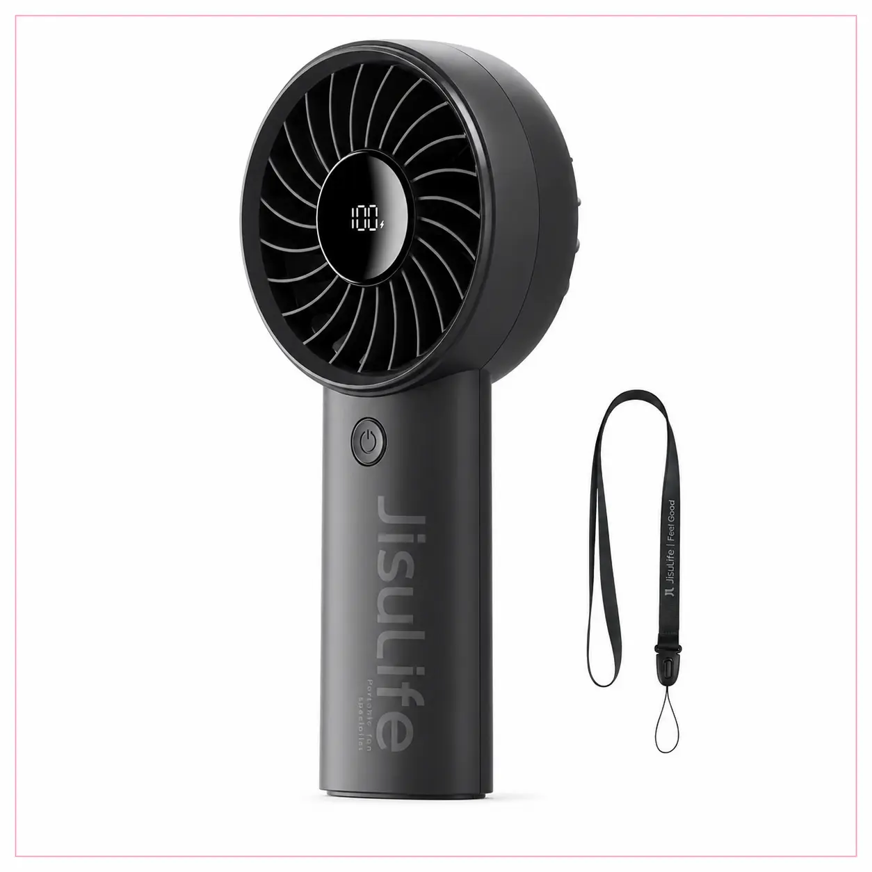 JISULIFE Life4 nero con laccetto e display digitale, mini ventilatore portatile su sfondo bianco