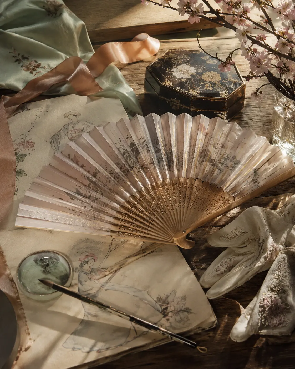 Ventaglio artigianale antico con decorazioni orientali, seta, disegni e accessori d’epoca.