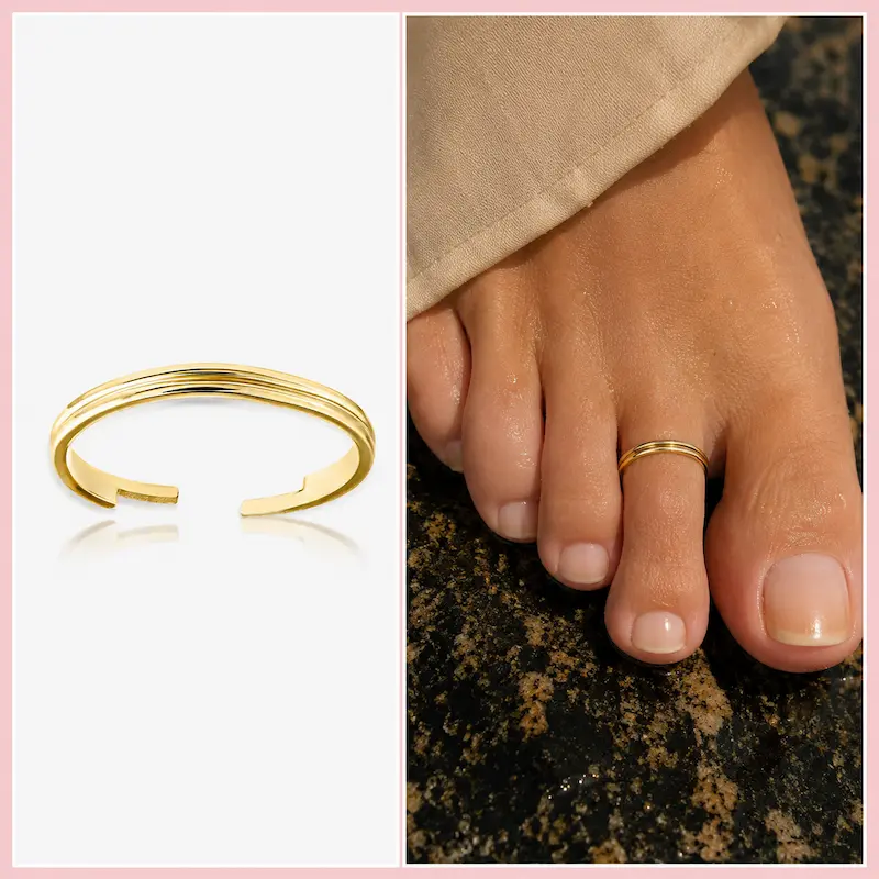 Anello da piede Isa Grutman Double Band in oro 14 carati, mostrato in dettaglio e indossato sul secondo dito