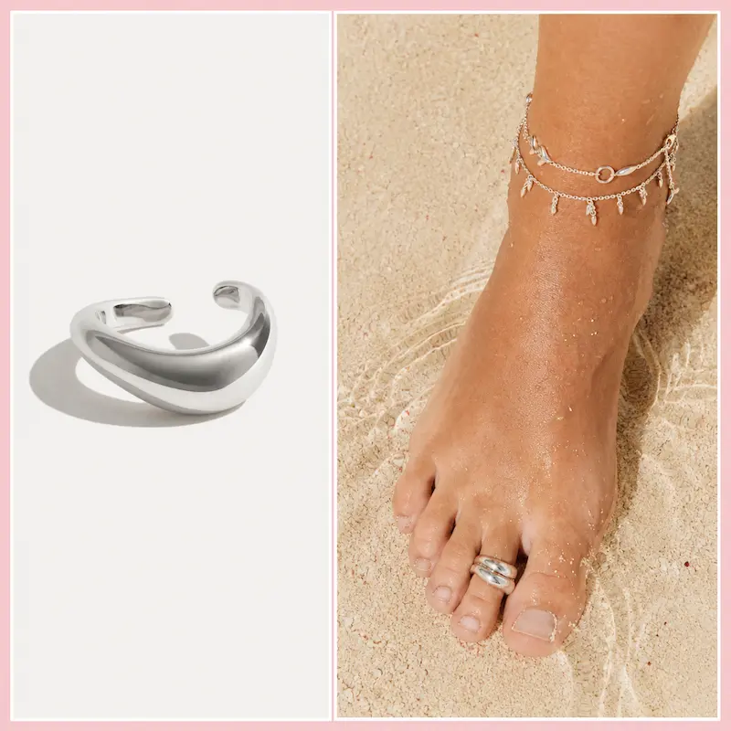Anello da piede Stone Fruit Wave in argento sterling, mostrato in dettaglio e indossato sulla sabbia con cavigliere