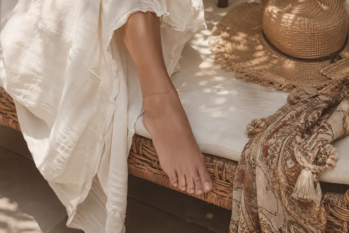 Anello da piede dorato e cavigliera sottile in un look boho chic estivo su chaise longue in rattan