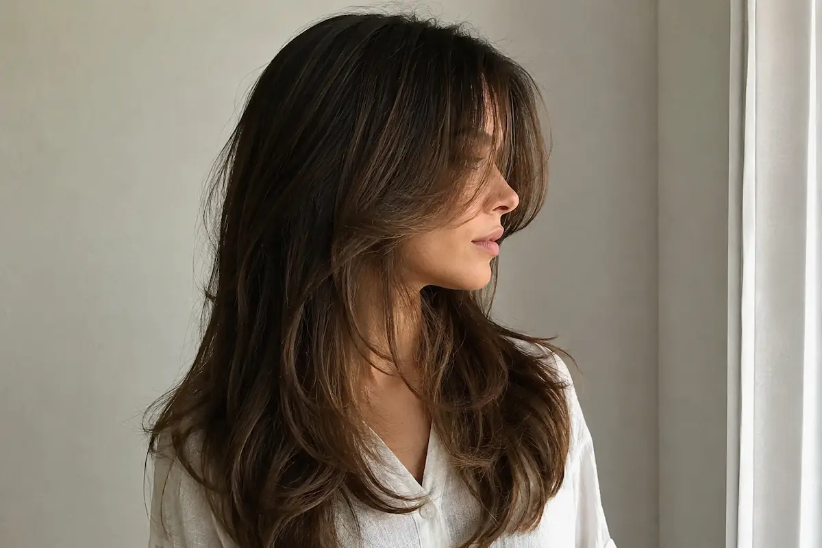 Donna di profilo con Love Layers, taglio lungo scalato con ciocche morbide intorno al viso