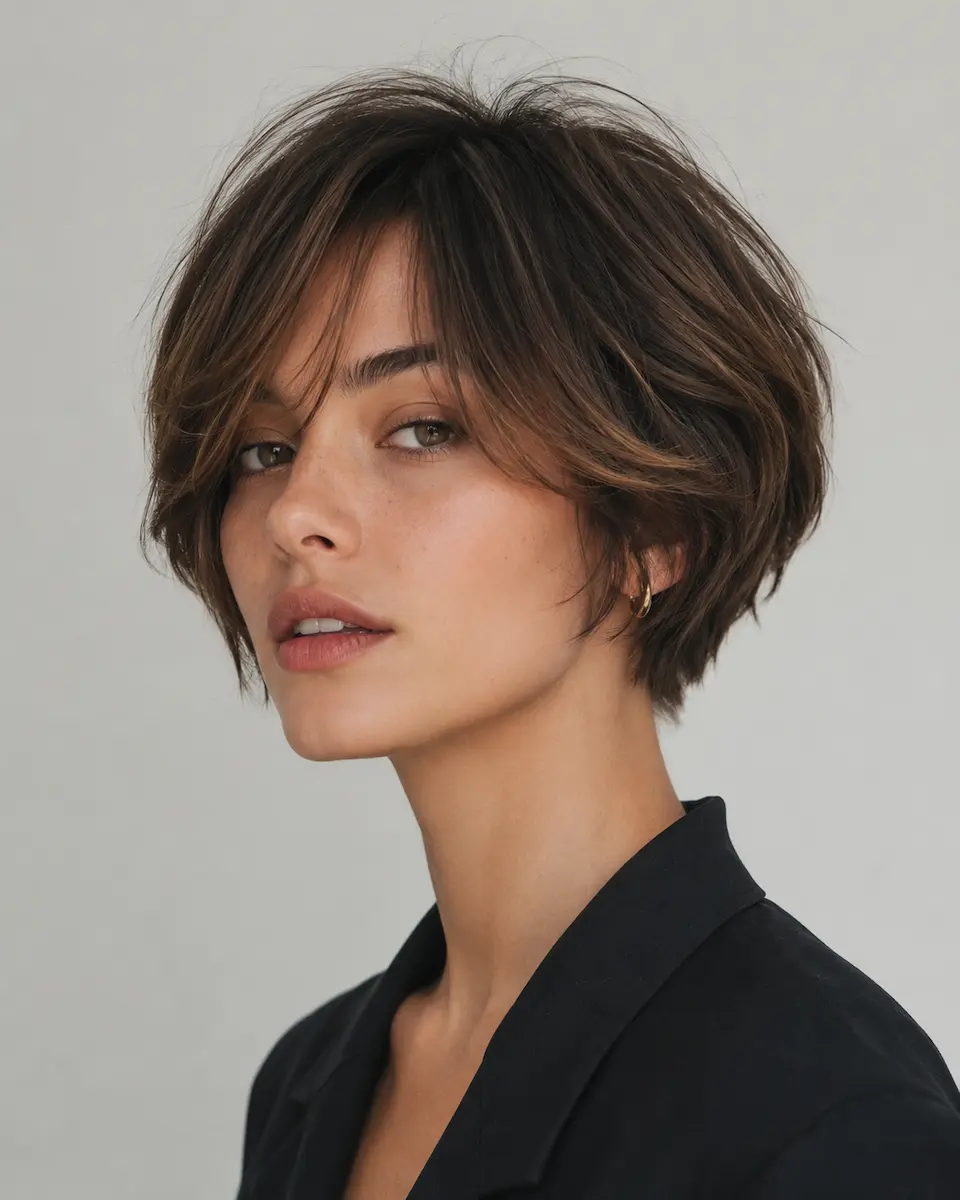 Donna con Bixie Cut, taglio corto tra bob e pixie con volume sulla sommità e frangia morbida