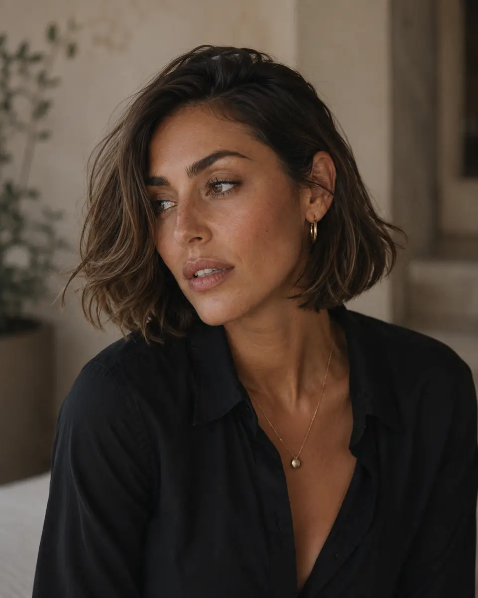 Donna con Italian Bob mosso, riga laterale e volume naturale su capelli corti