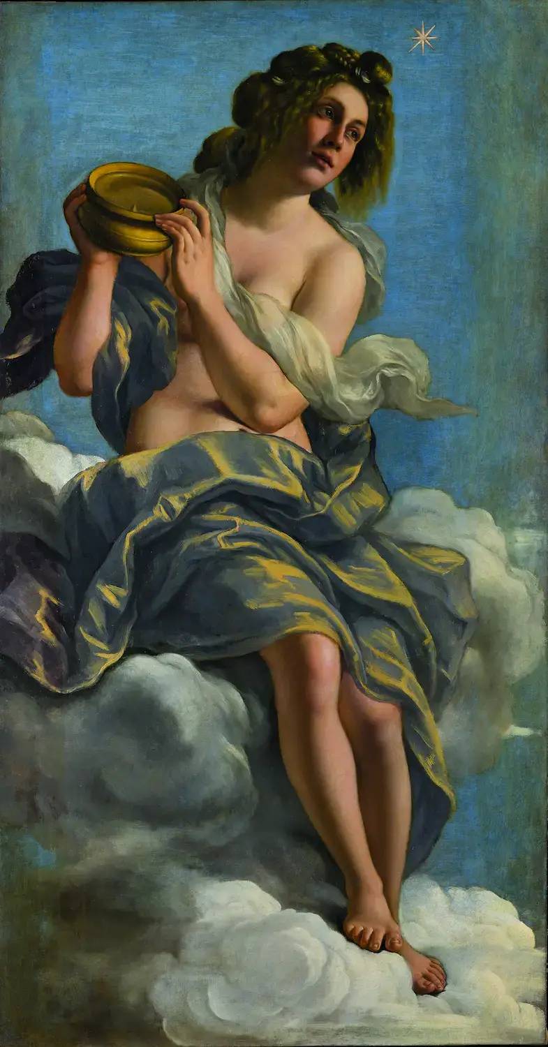 Allegoria dell’Inclinazione di Artemisia Gentileschi, figura femminile con bussola tra le nuvole su fondo azzurro.
