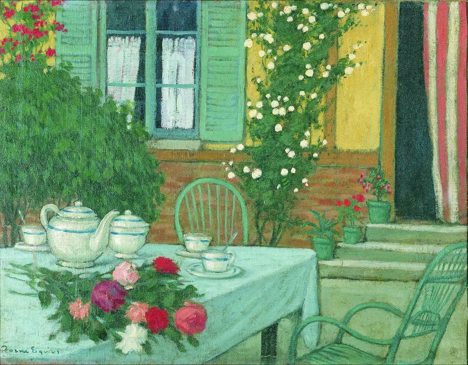Mesa en el jardín di Pere Torné Esquius, tavola apparecchiata con fiori e servizio da tè in un giardino.