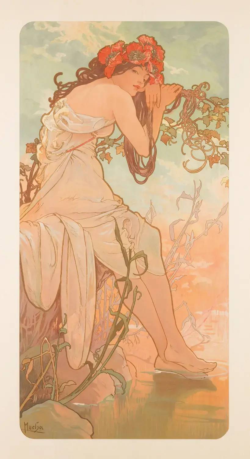 Estate, dalla serie Le stagioni di Alphonse Mucha, 1896, donna con papaveri rossi tra rami e cielo.