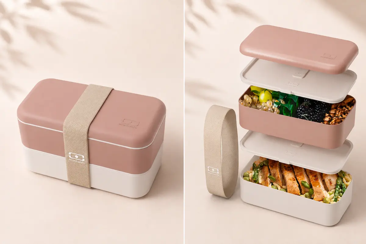 Monbento MB Original da 1 litro, chiusa e aperta con due contenitori da 500 ml per il pranzo in ufficio