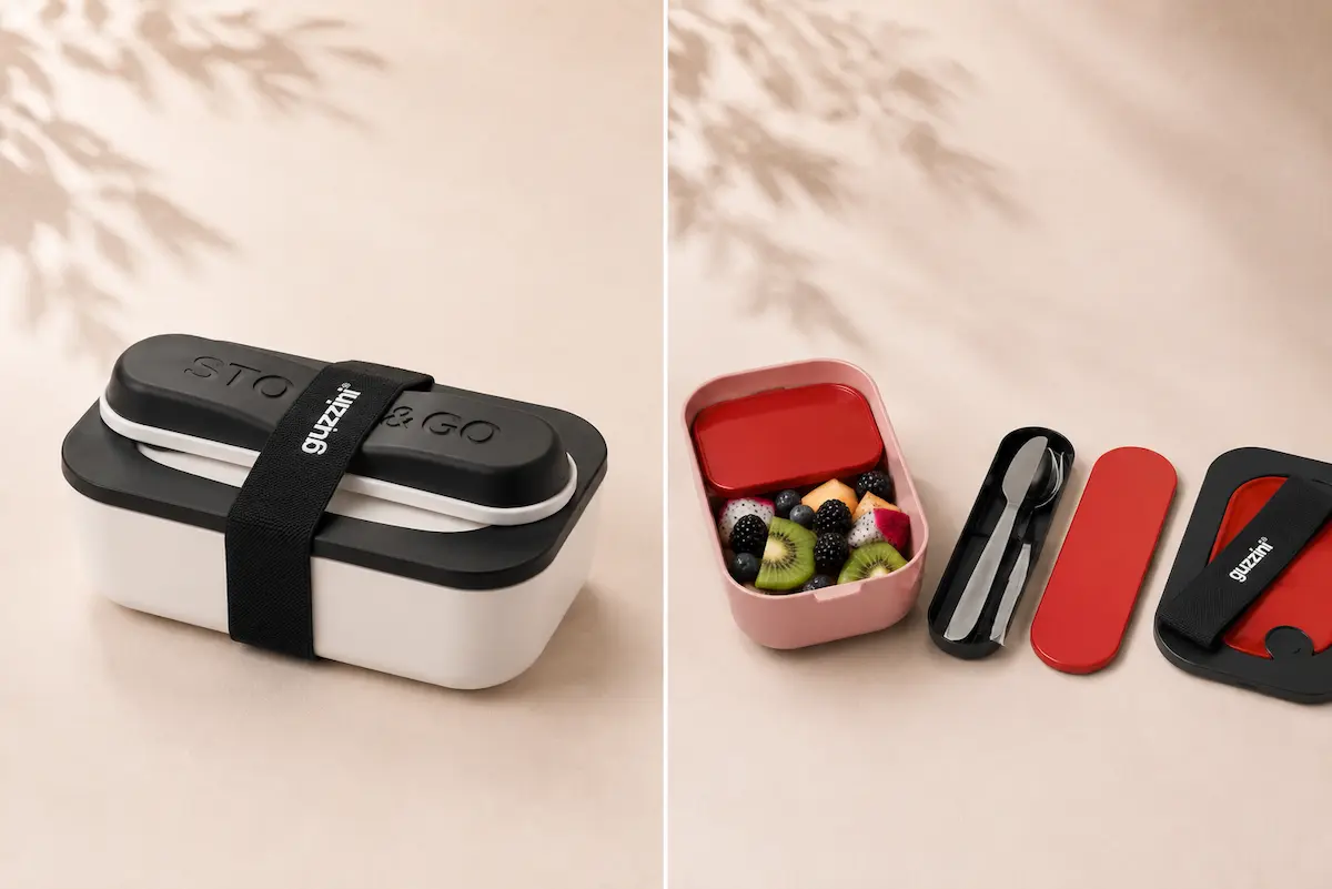 Guzzini Store&Go da 900 ml, chiusa e aperta con contenitore interno e set di posate incluso
