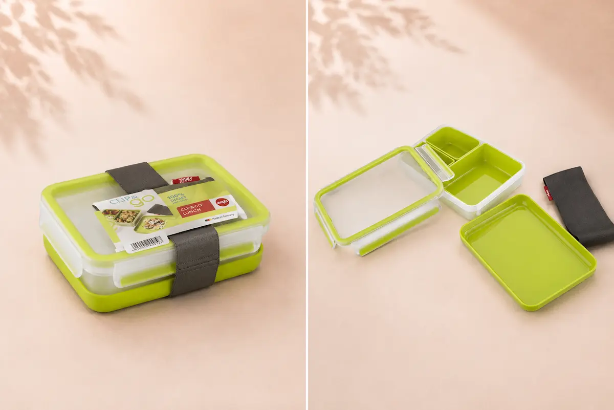 Emsa Clip & Go da 1,2 litri, chiusa e aperta con tre inserti removibili e vassoio separato