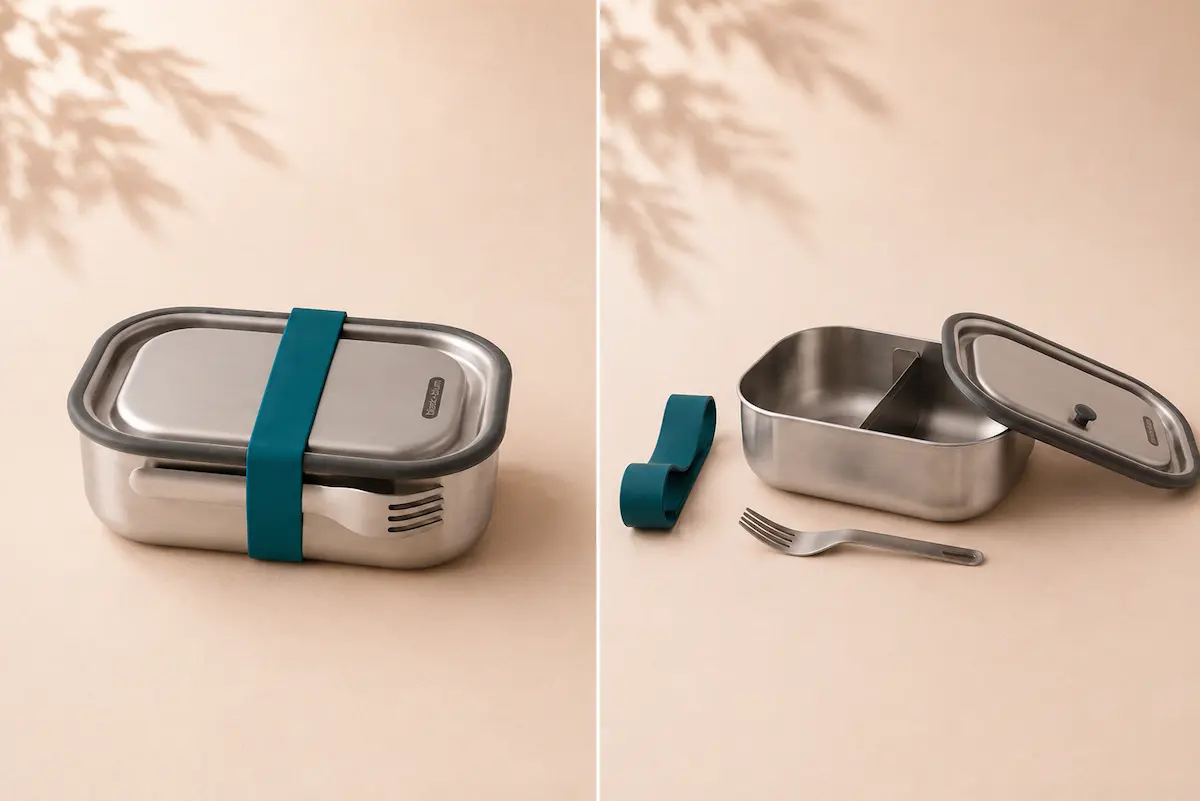 Black+Blum Stainless Steel Lunch Box da 1 L, chiusa e aperta con divisorio regolabile e forchetta in acciaio