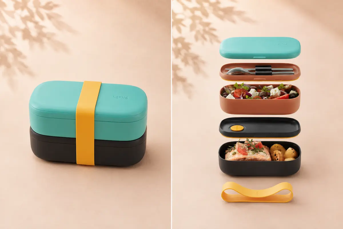 Lékué LunchBox To Go da 1 litro, chiusa e aperta con due contenitori separati e fascia elastica