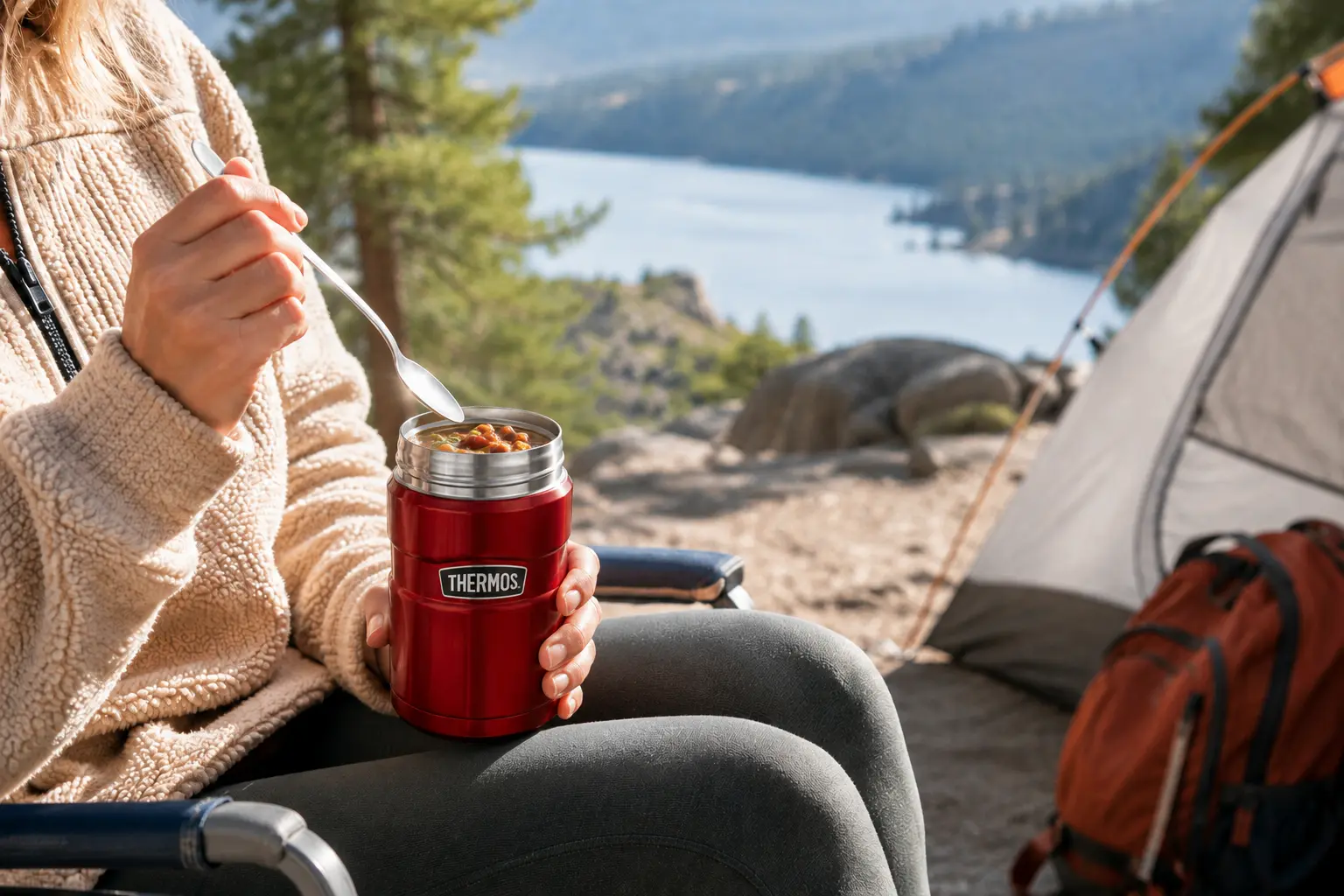 Donna in campeggio sul lago con Thermos Stainless King rosso aperto, usato come porta pranzo termico per pasti caldi outdoor.