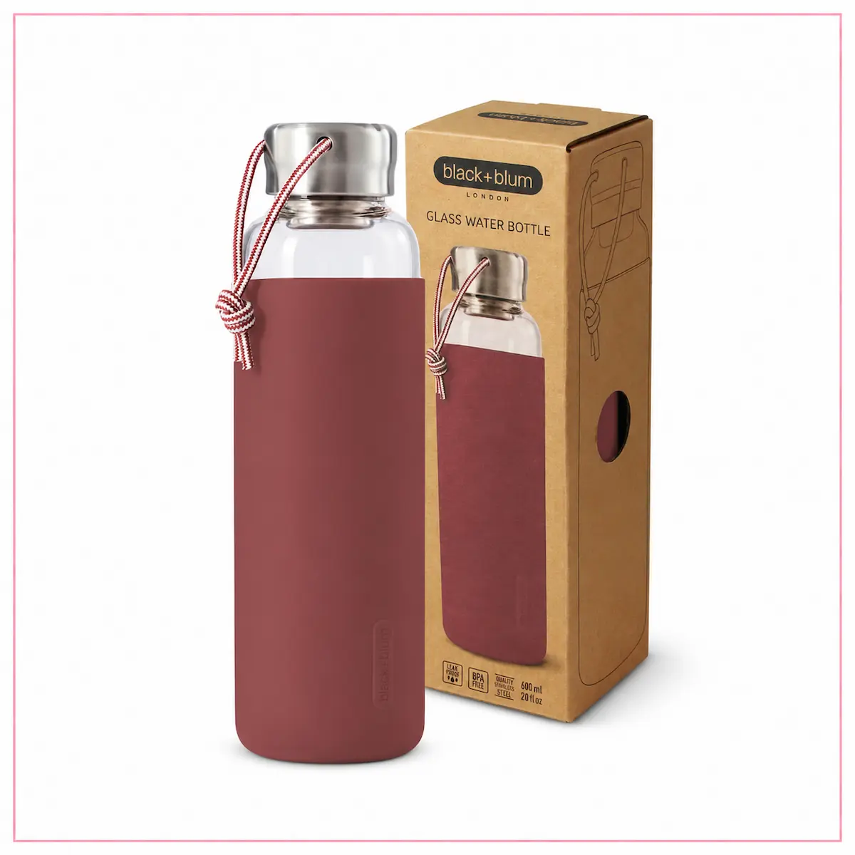 Black+Blum Glass Water Bottle 600 ml in vetro borosilicato con sleeve protettiva e confezione