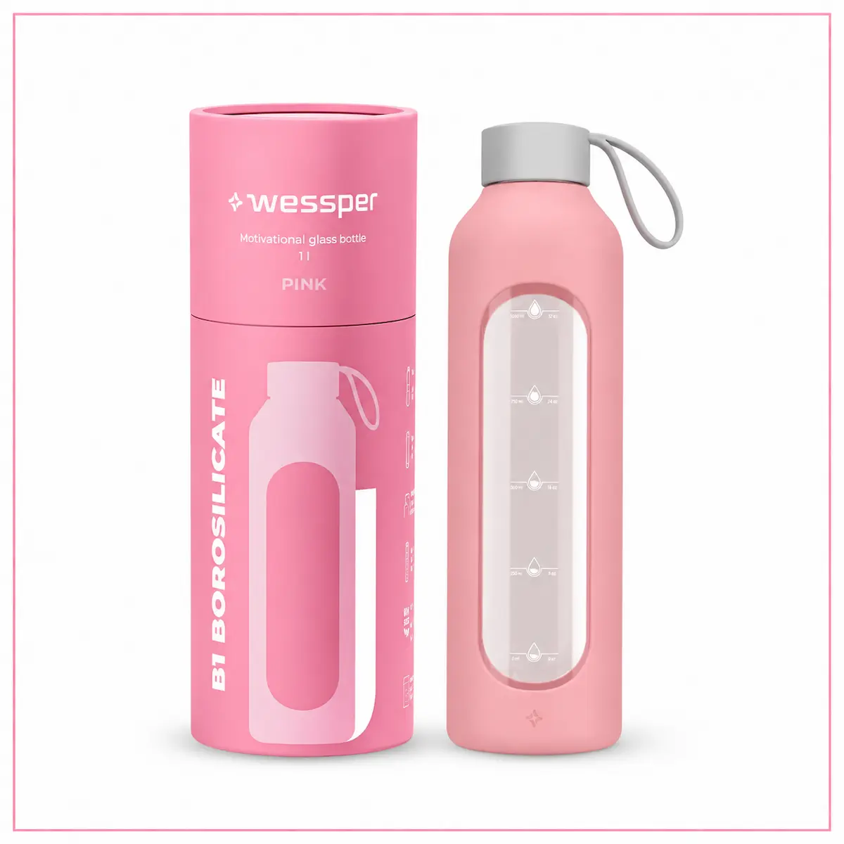 Wessper B1 Borosilicate da 1 litro in vetro con sleeve rosa e confezione