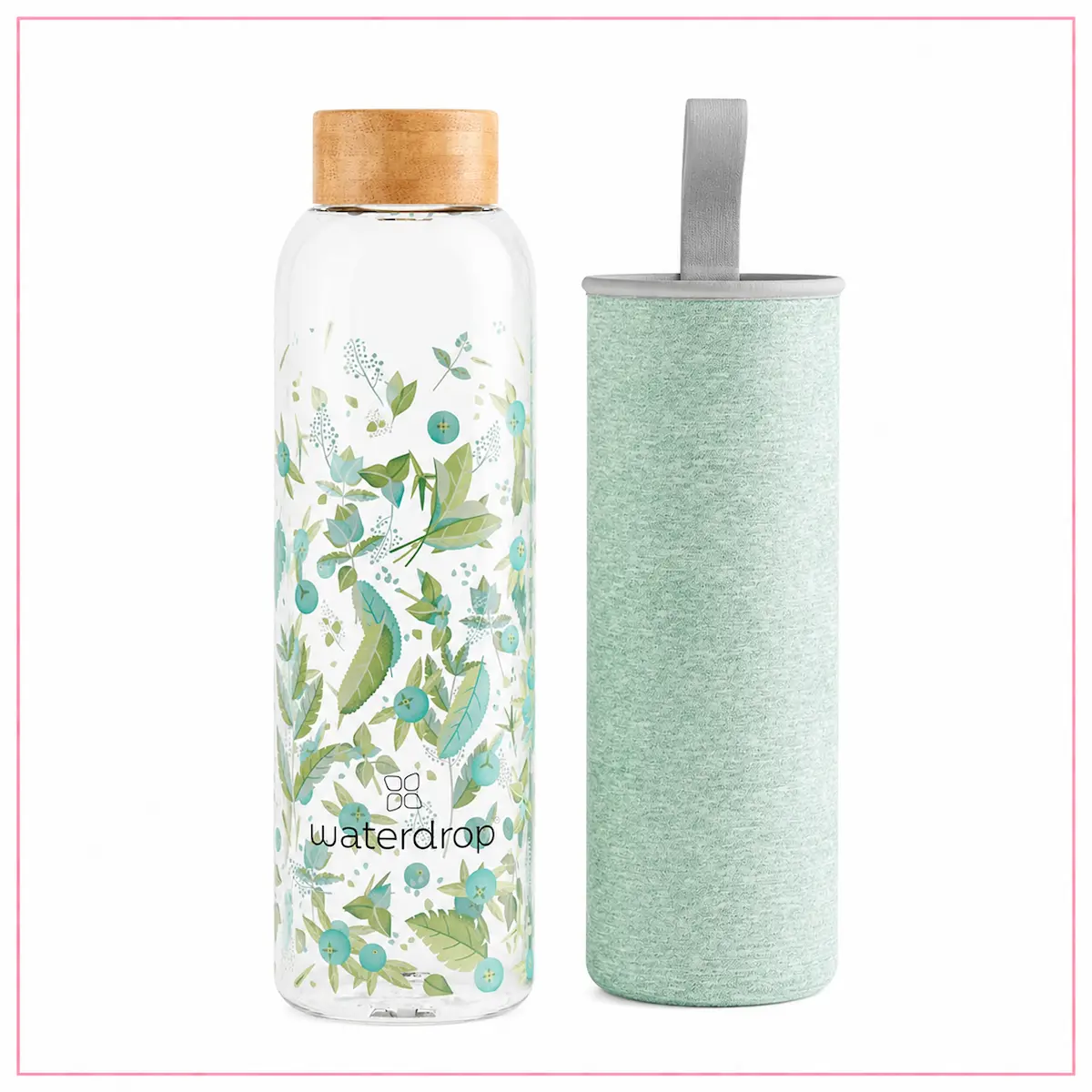 waterdrop Edition Glass 600 ml in vetro con motivo floreale e cover protettiva verde menta