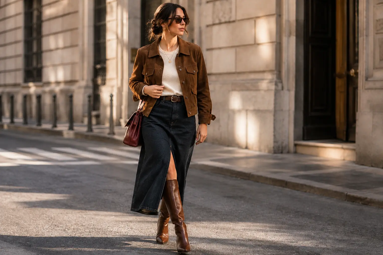 Look moda Autunno 2026 con giacca in suede marrone, gonna midi scura e stivali alti
