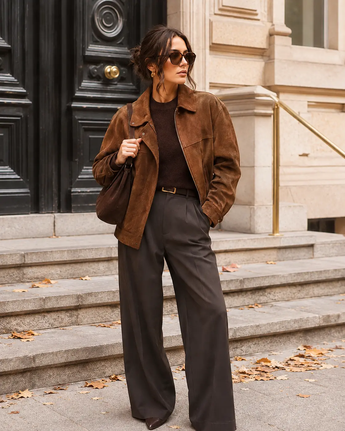 Look donna Autunno 2026 con giacca suede marrone, pantaloni sartoriali ampi e borsa scamosciata
