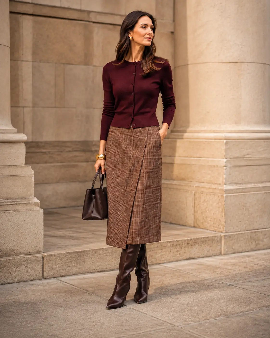 Look preppy Autunno 2026 con cardigan burgundy, gonna midi check e stivali marroni
