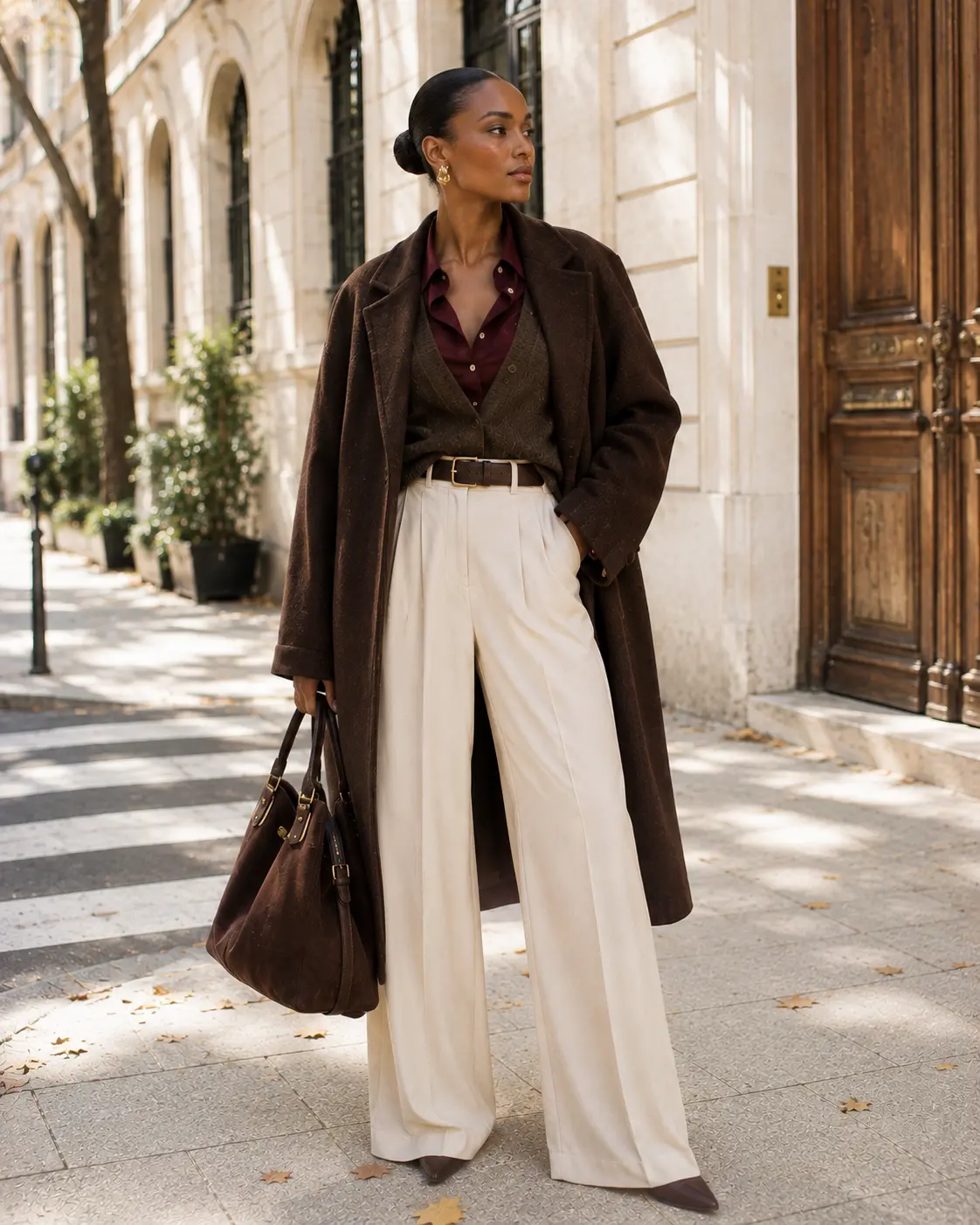 Look Autunno 2026 con cappotto marrone, camicia burgundy, cardigan e pantaloni sartoriali panna