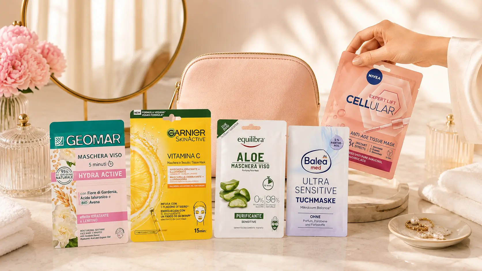 Cinque maschere viso low cost da supermercato e drugstore: Geomar, Garnier, Equilibra, Balea med e NIVEA