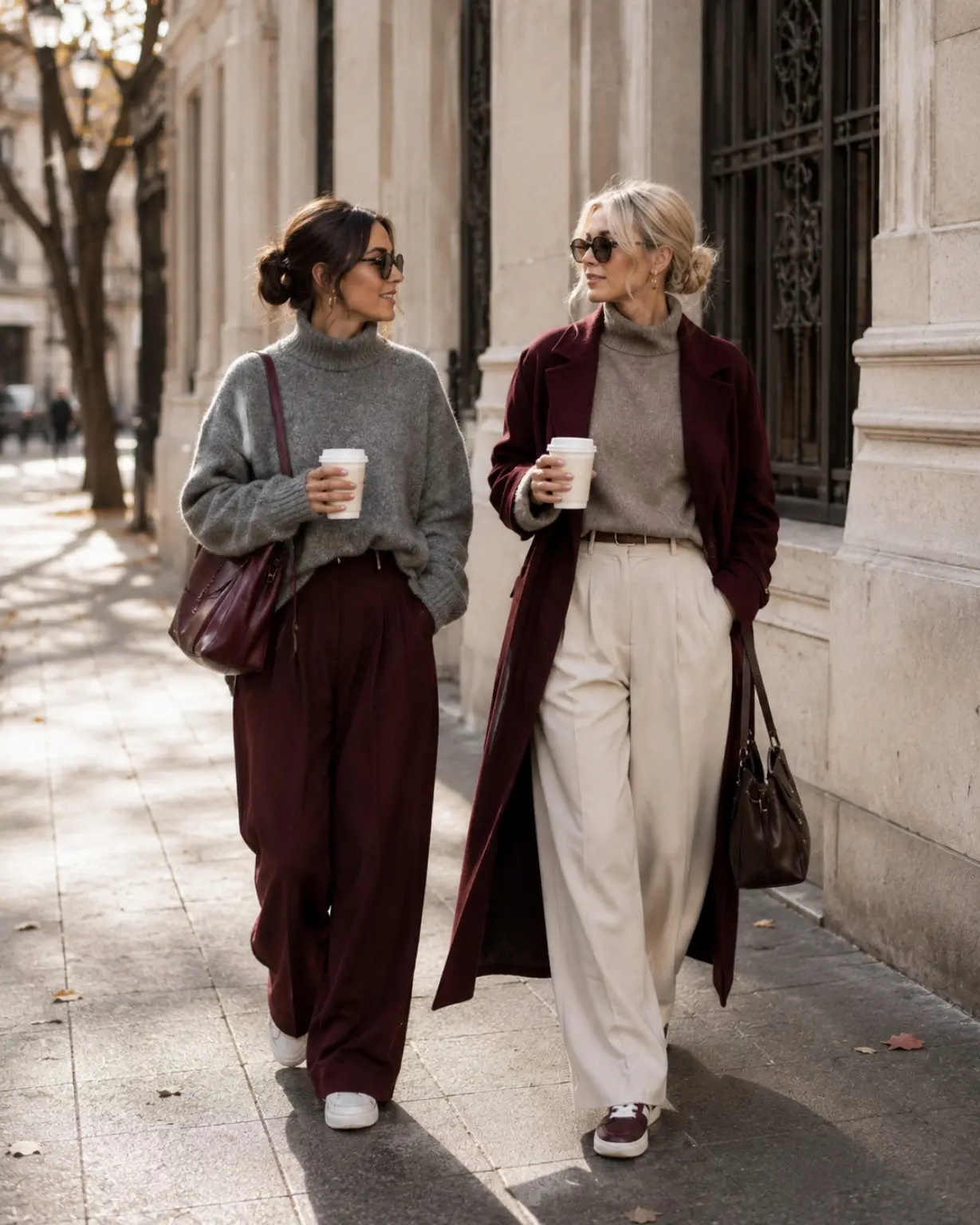 Due donne con outfit Autunno 2026 nei toni burgundy e grigio, pantaloni ampi e cappotto sartoriale