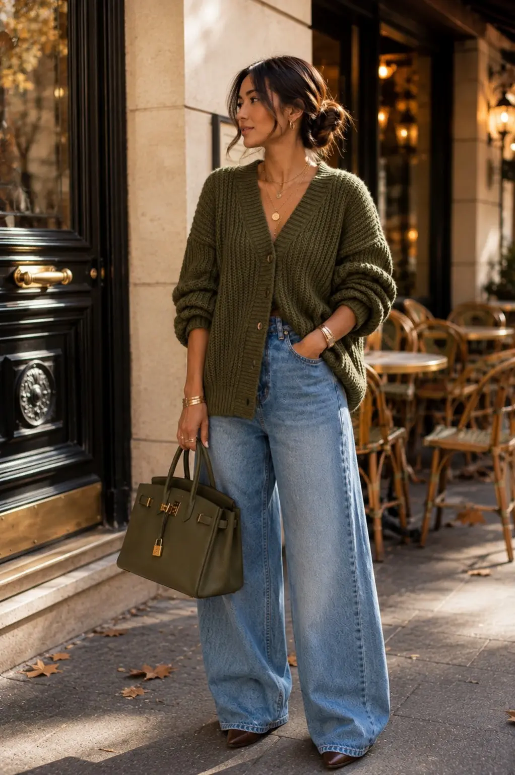 Look Autunno 2026 con cardigan verde oliva, jeans wide leg e borsa strutturata