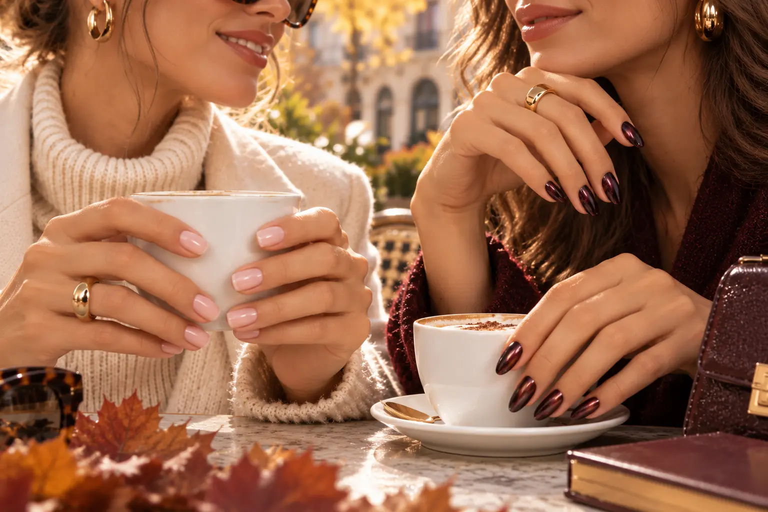 Due donne con Bare Nails naturali e manicure cat-eye burgundy, tendenze unghie Autunno 2026