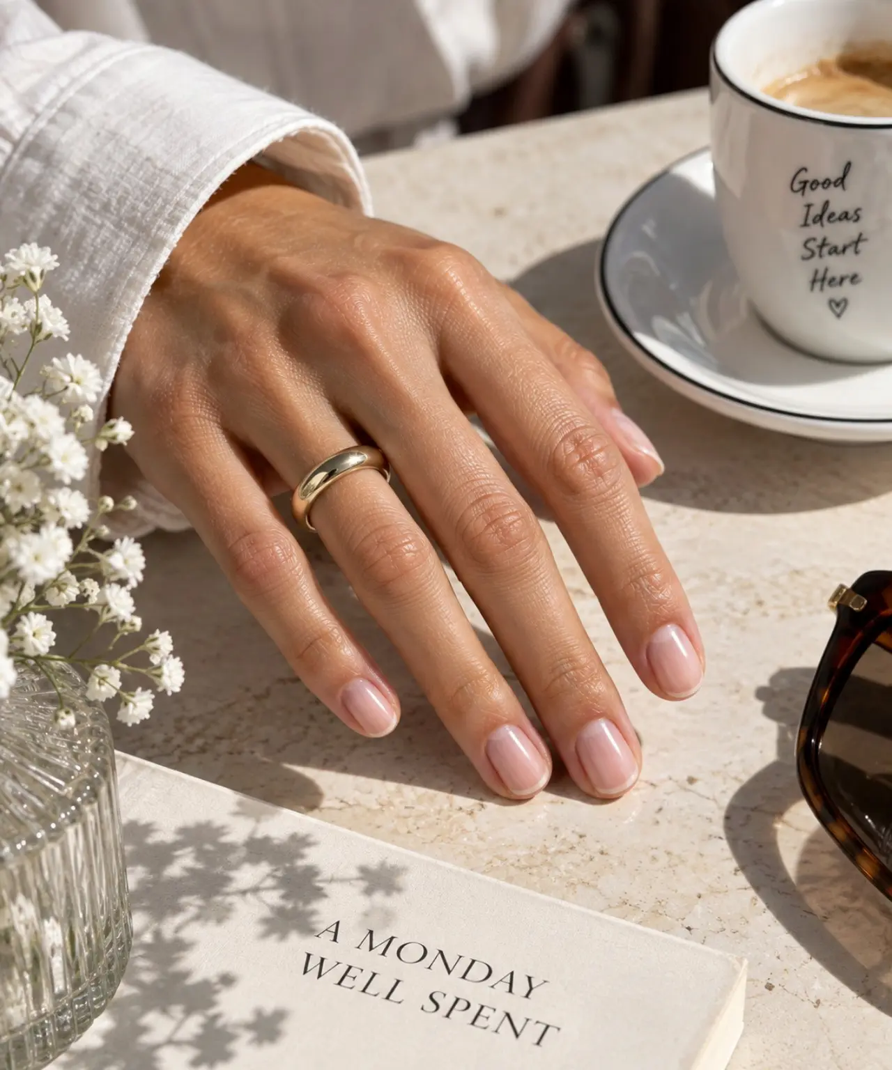 Mano in primo piano con unghie corte naturali rosa sheer, stile Bare Nails