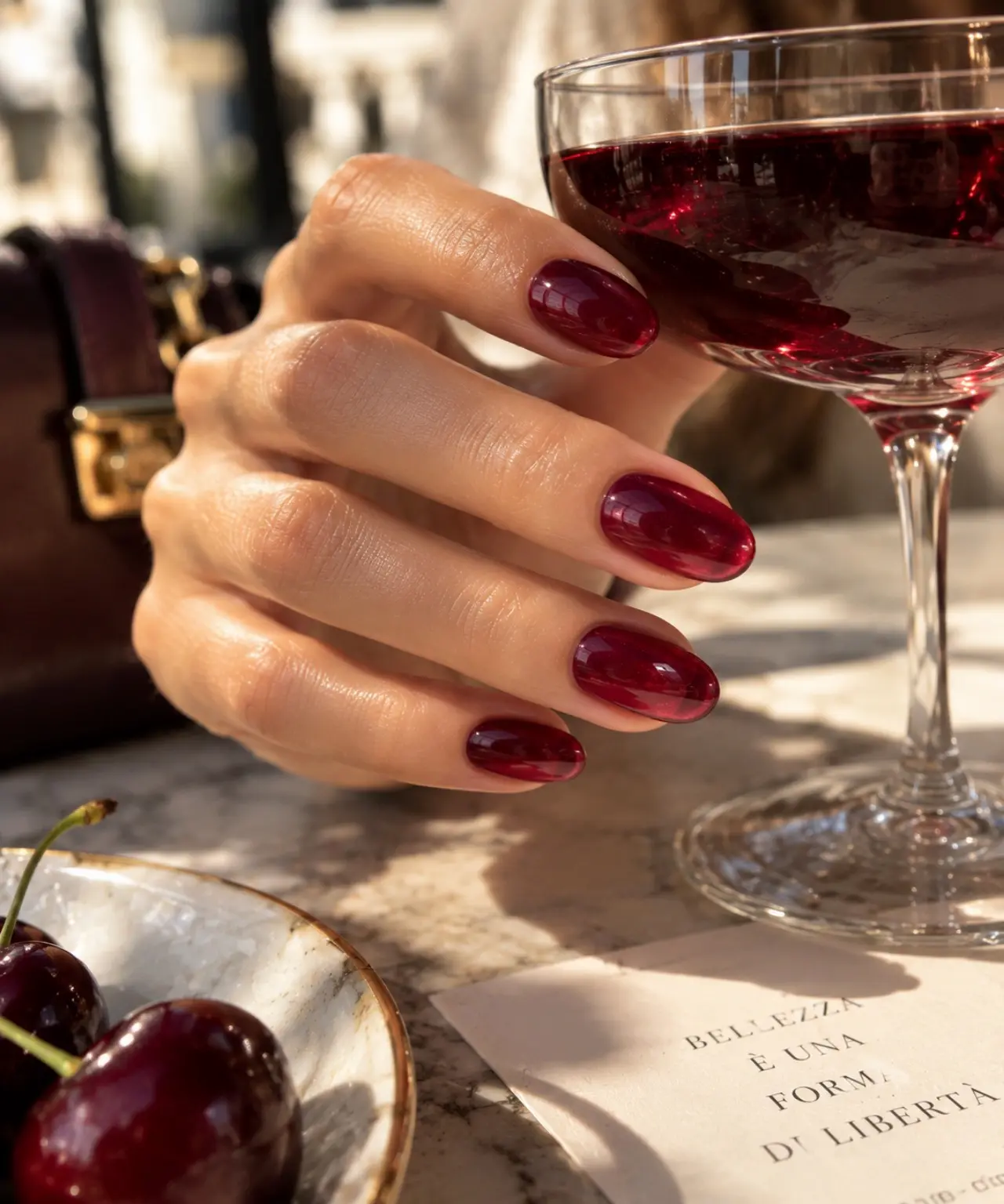 Mano con Cherry Jelly Nails rosso vino traslucido e ultralucido, effetto vetro