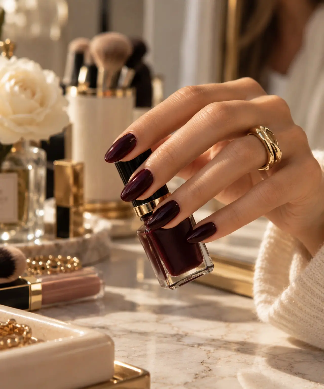 Mano con unghie Blood Burgundy scurissime e ultralucide, color vino quasi nero