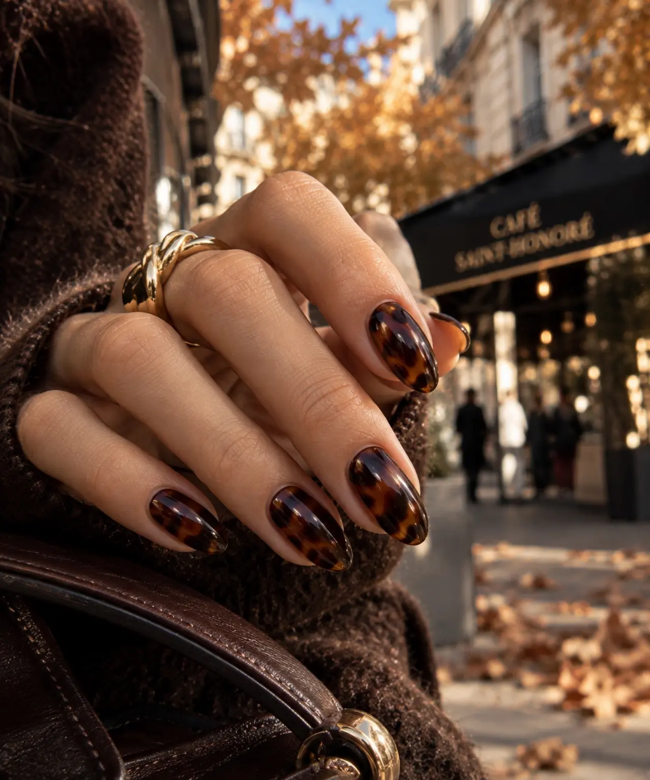 Mano con Tortoiseshell Nails effetto jelly, sfumature ambra, cognac e marrone