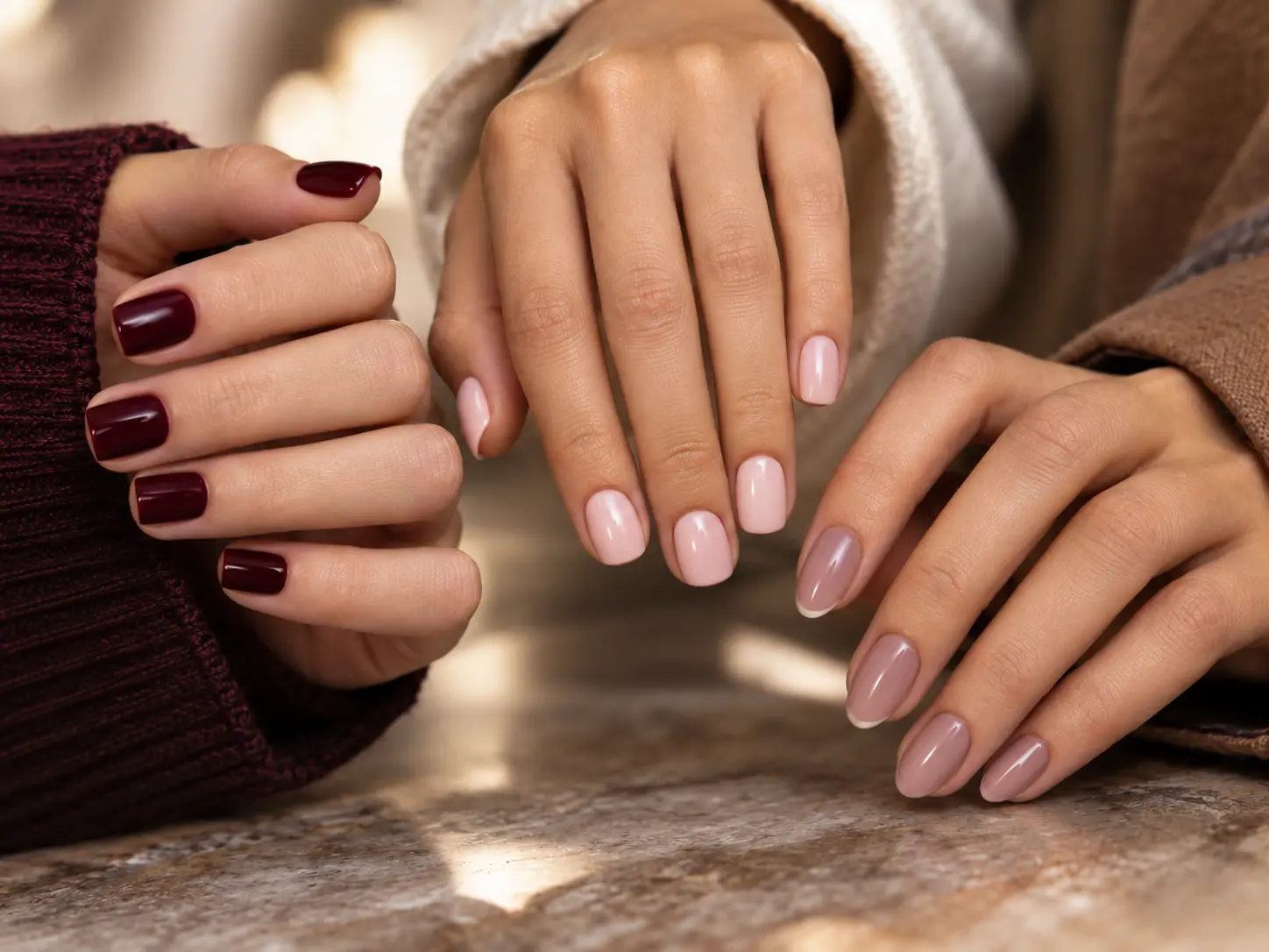 Tre manicure corte con forme short square, squoval e almond corta nei toni borgogna, rosa sheer e taupe