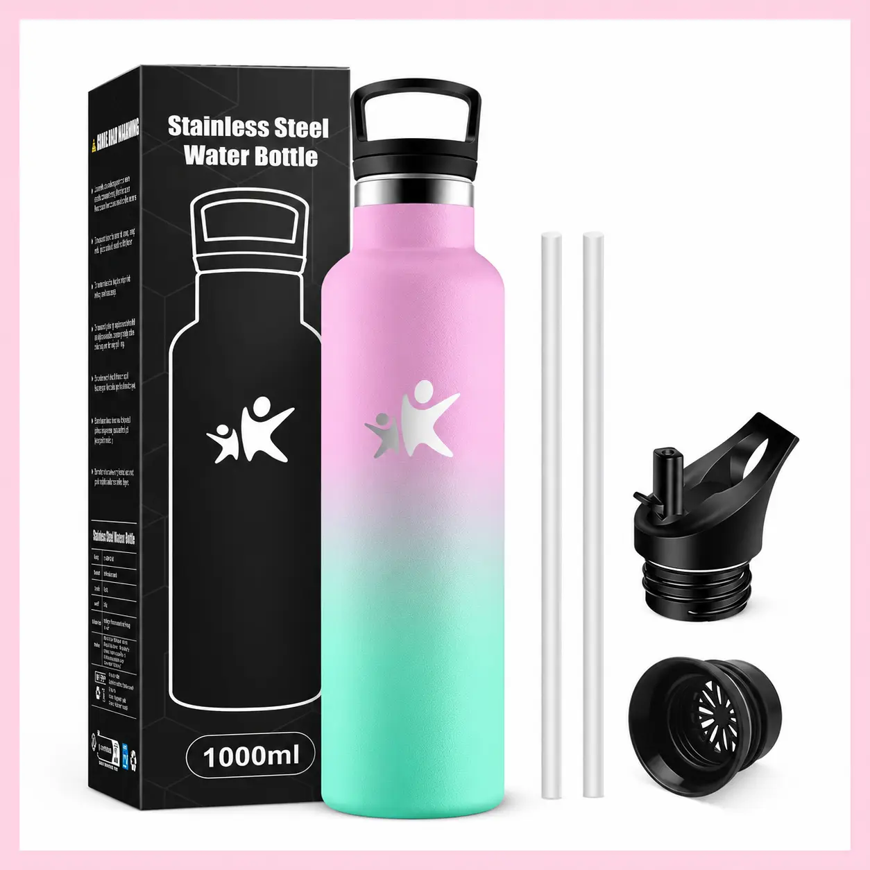 Borraccia termica KollyKolla da 1 litro rosa e verde con confezione, due tappi e cannucce