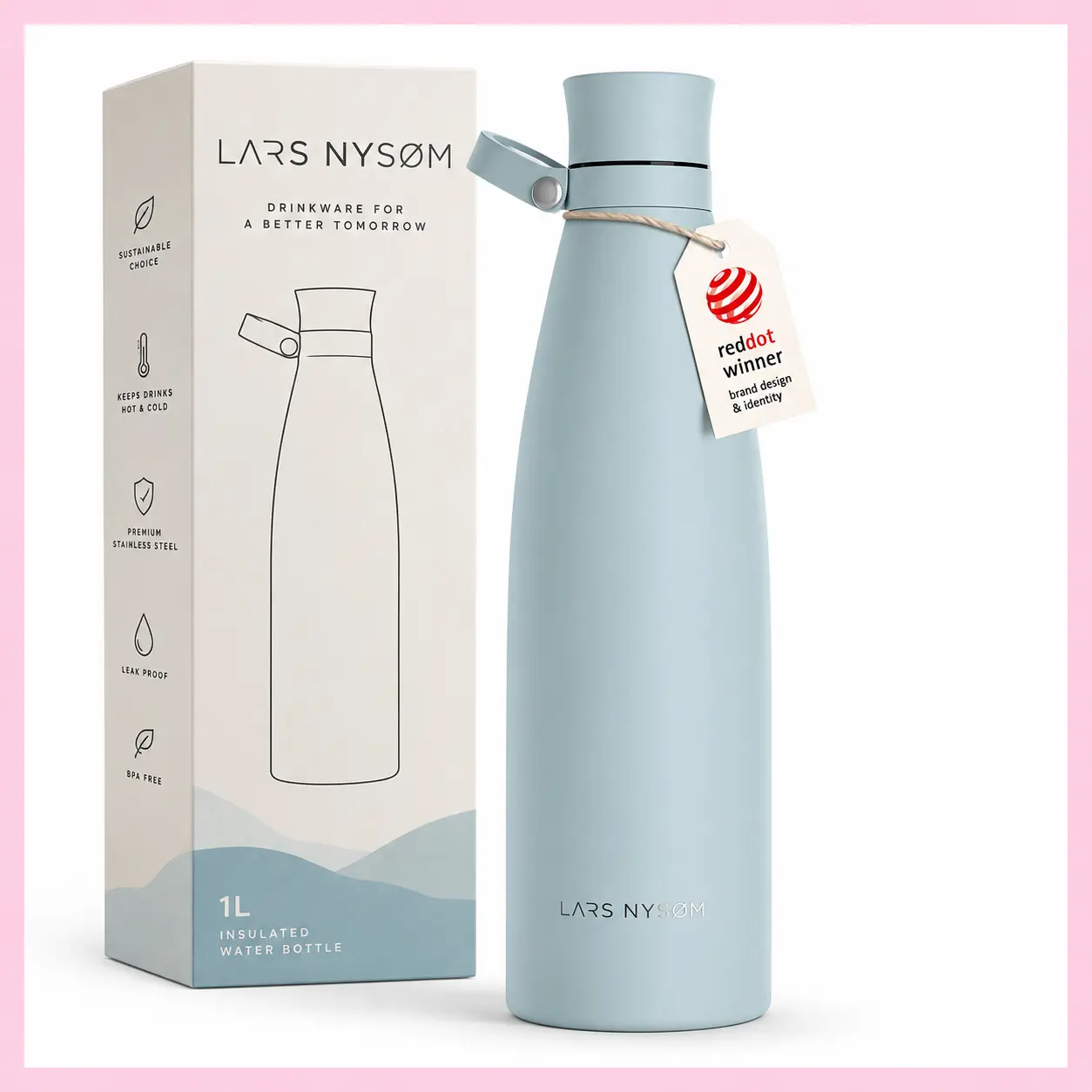 Borraccia termica LARS NYSØM Nåde da 1 litro azzurra con confezione e cartellino Red Dot Design Award