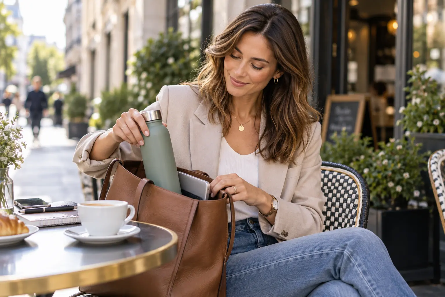 Borraccia termica da 1 litro in una scena di uso quotidiano, con donna al caffè e borsa da lavoro