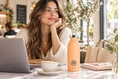 Donna in caffetteria con 24Bottles Clima Bottle 500 ml, borraccia termica color Peach Orange