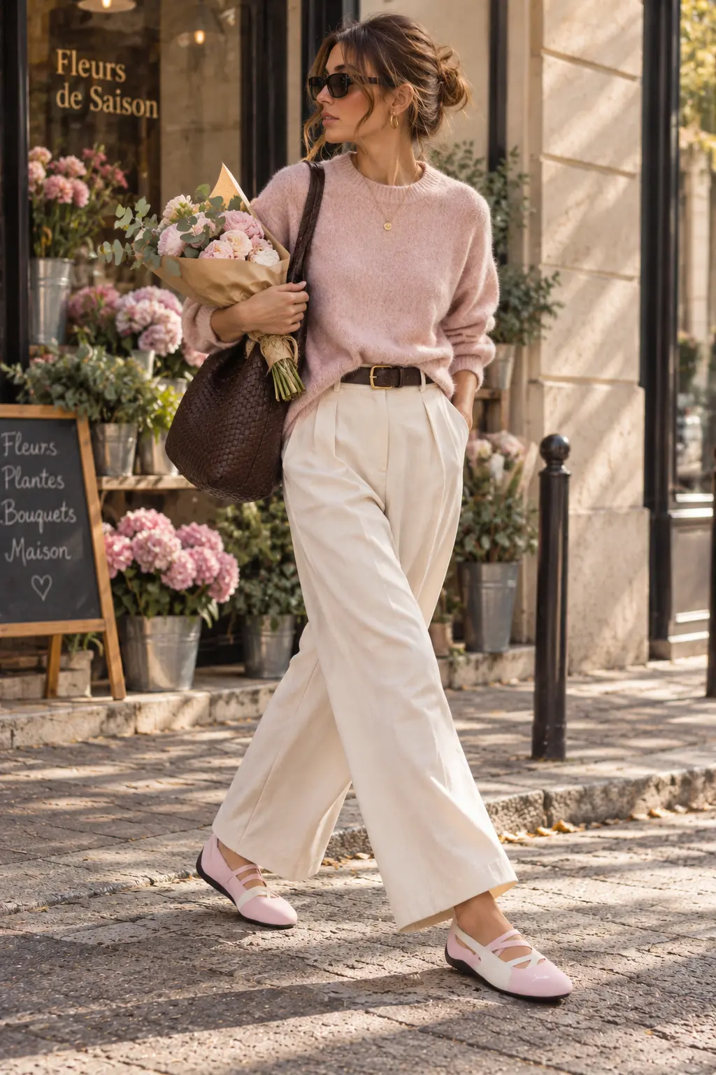 Donna con PUMA Speedcat Ballet rosa cipria, pantaloni panna e maglia rosa: outfit sneakerine Autunno 2026