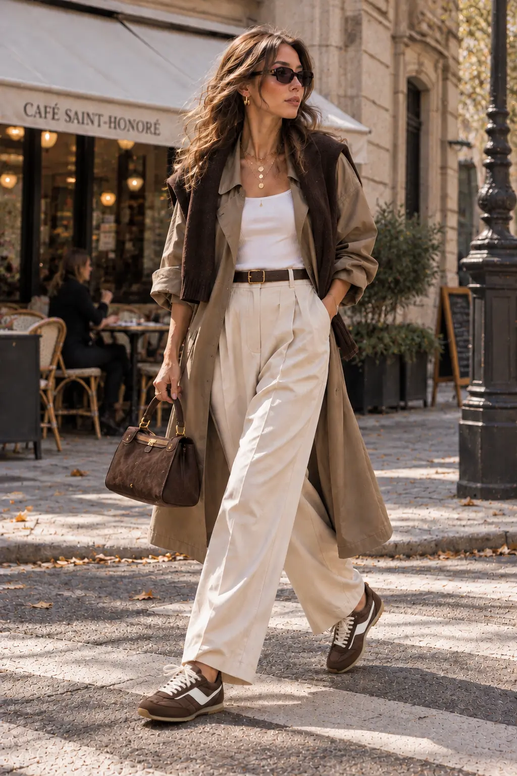 Donna con OHNE Project KIMA marrone cioccolato, pantaloni panna e trench beige: outfit sneakerine Autunno 2026