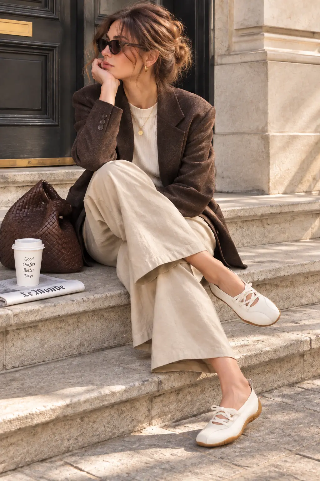 Donna con Maguire Zava crema avorio, pantaloni panna e blazer marrone: outfit sneakerine Autunno 2026