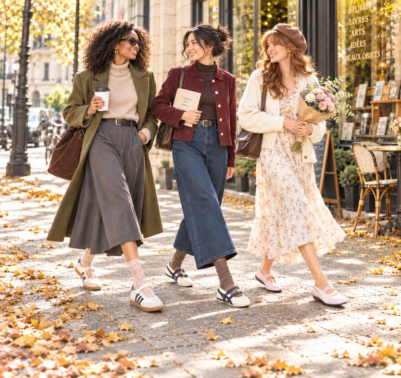 Tre donne con sneakerine e outfit street style autunnali, tendenza scarpe donna Autunno 2026
