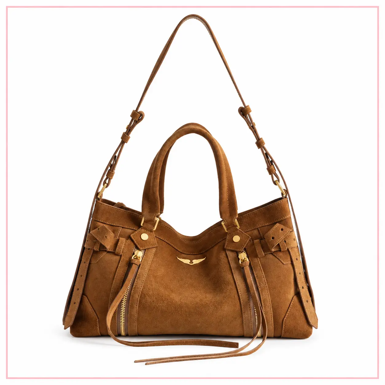 Borsa Zadig&Voltaire Madison Small in suede cognac con zip e dettagli metallici dorati