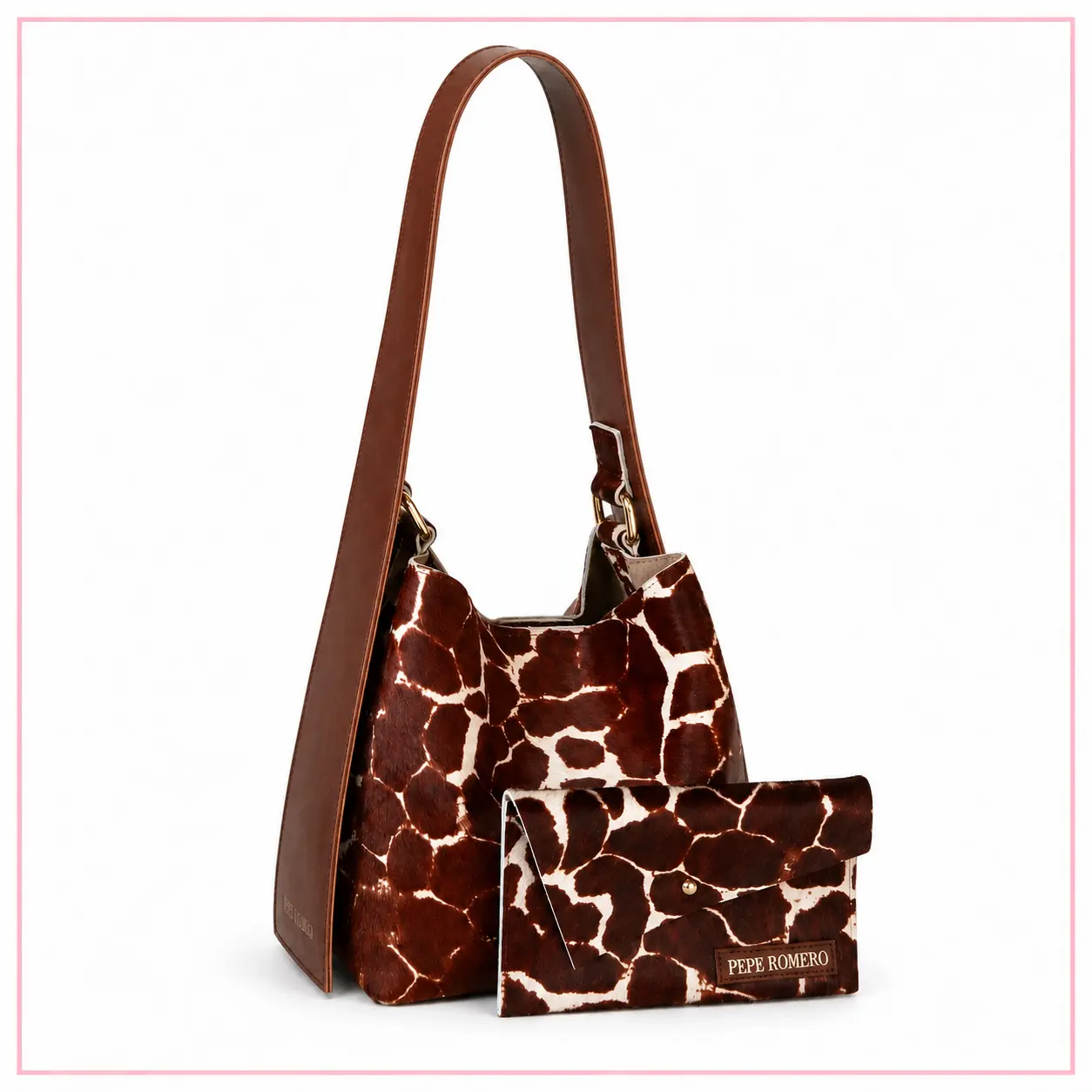 Pepe Romero Étrier Pelo Jirafa in pelle bovina con pelo stampa giraffa e pochette coordinata